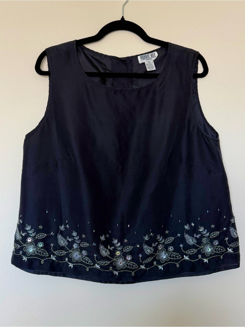 Robbie Bee Silk Black Sequin Embroidered Tank Top XL